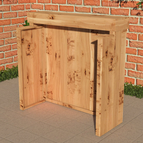 Wooden outdoor storage box against a brick wall