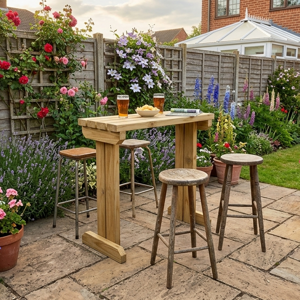 Outdoor patio area with wooden table, stools, and potted plants in a garden setting.