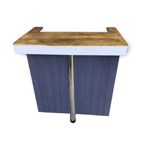 Small wooden table with a white base and metal leg on a white background