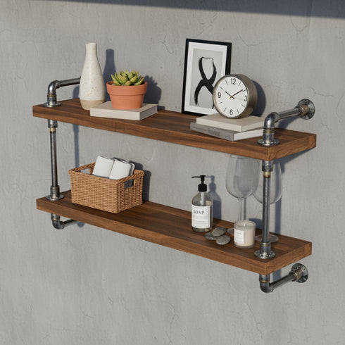 Double Shelf Industrial Home Bar Counter - Dark Oak