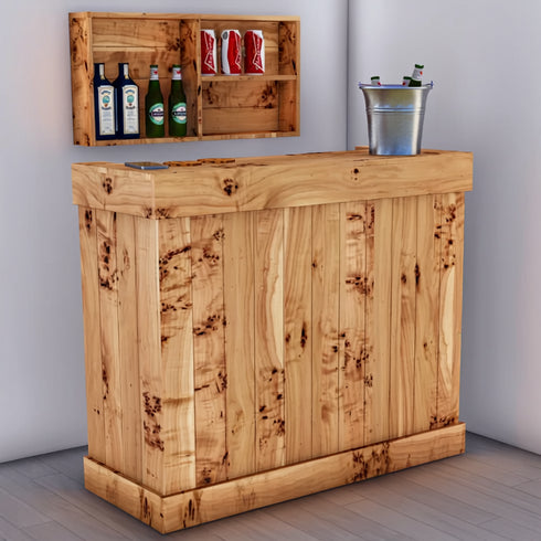 Wooden bar with bottles and a bucket on a white background