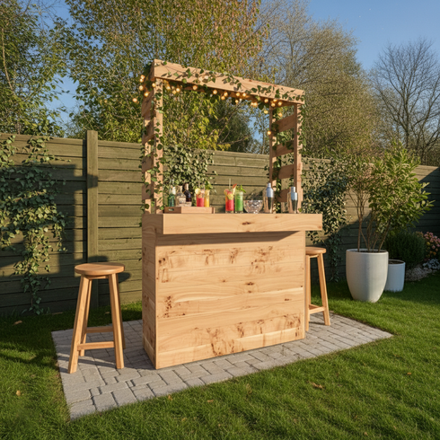 Wooden outdoor bar set up in a garden with stools and drinks.
