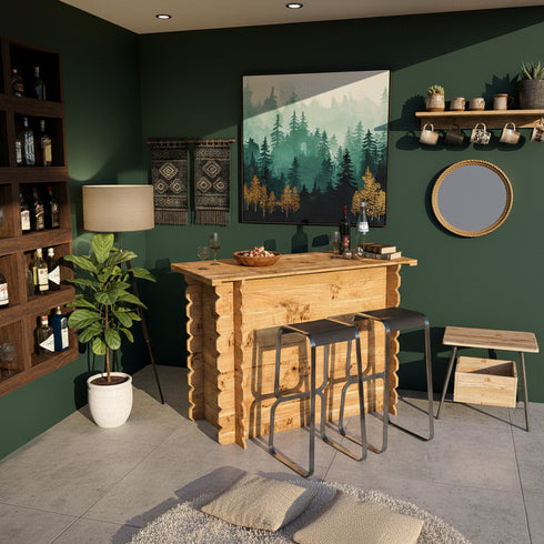 Modern home bar with wooden counter, stools, and decorative elements against a green wall.