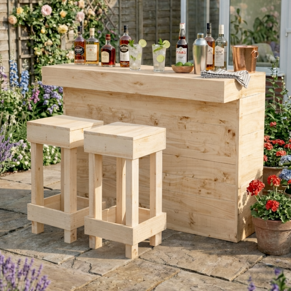 Wooden outdoor bar set with stools in a garden setting