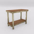 Wooden workbench with a brown top and shelf on a white background