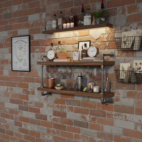 Wooden shelves against a brick wall with various bottles and decor items.