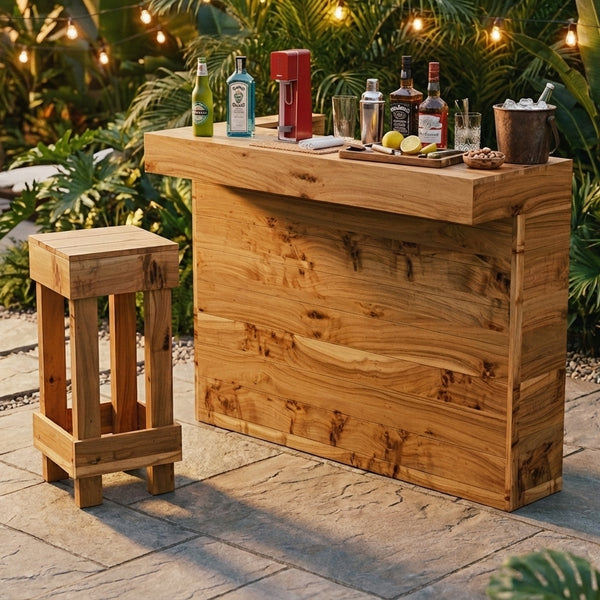 Wooden outdoor bar with drinks and a stool in a garden setting