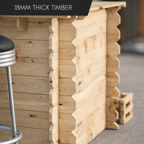 Wooden bar with 18mm thick timber construction, featuring a close-up of the wood grain.