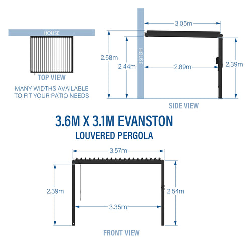 3.6m X 3.1m Evanston Wall Mounted Louvered Pergola
