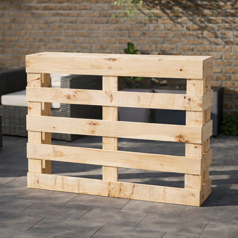 Wooden pallet bar against a brick wall