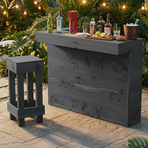 Outdoor bar setup with drinks and a stool on a patio
