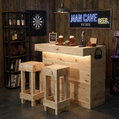 Rustic Wooden Bar & Bar Stools Set - Includes LED's