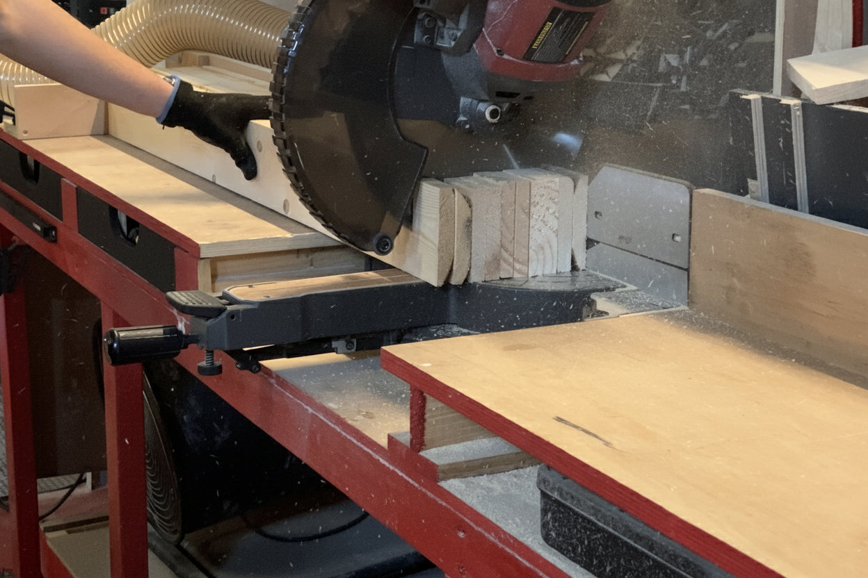 Person operating a miter saw on a workbench with wood pieces.