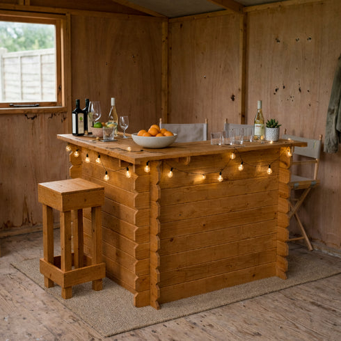 Wooden bar with stools and a window in a rustic setting