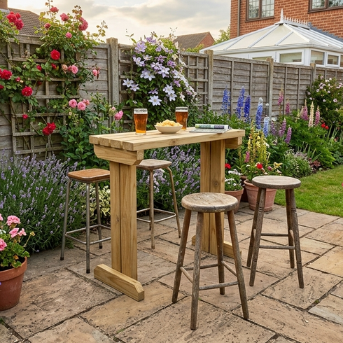 Outdoor patio area with wooden table, stools, and potted plants in a garden setting.