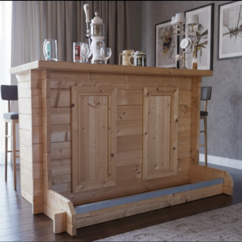 Wooden bar with decorative items in a room setting