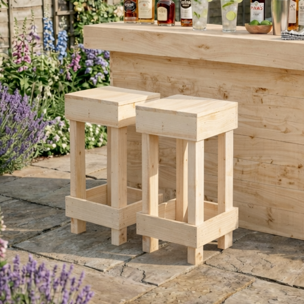 Wooden outdoor bar set with stools in a garden setting