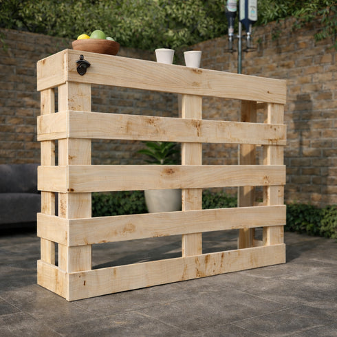 Wooden crate with items on a stone surface outdoors