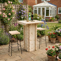 Outdoor patio setup with wooden bar table, stools, and potted plants in a garden.