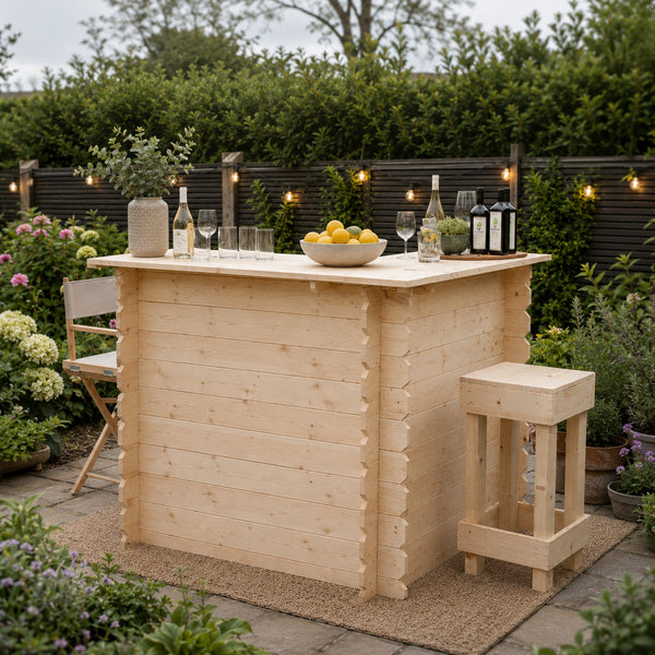 Wooden outdoor bar set with drinks and snacks in a garden setting