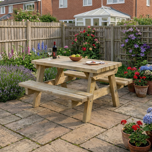Wooden picnic table with flowers and a bottle on a stone patio