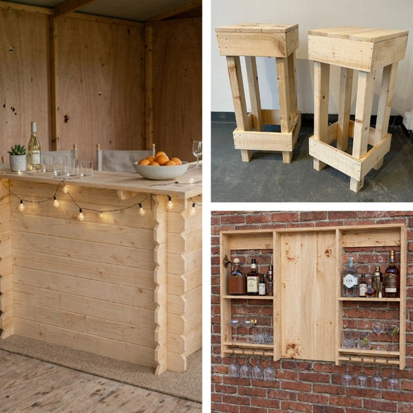 Wooden Interlock Corner Bar + Bar Stools + Large Shelving Unit